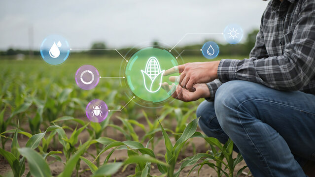 Person using augmented reality interface showing drone, water droplet, and bee icons in green field