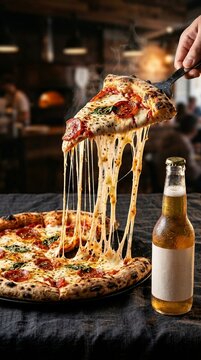 Slice of hot pepperoni pizza lifted with melted cheese strings and beer restaurant marketing