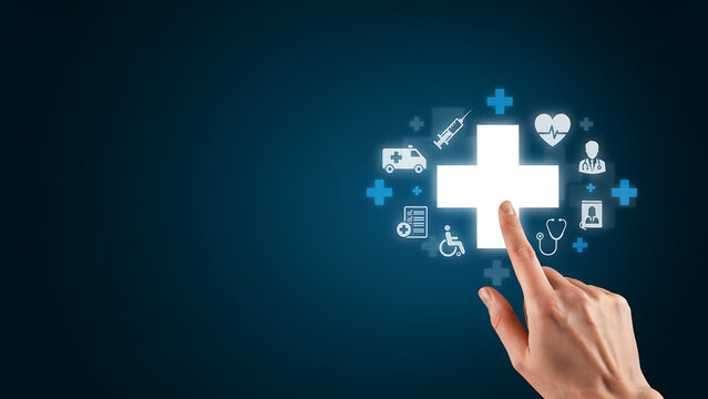 Hand touching digital health and medical icons on futuristic screen interface