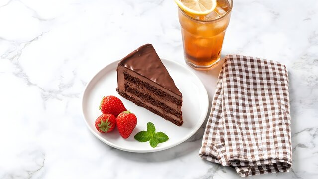 Chocolate Cake Slice with Strawberries and Iced Tea on Marble Table