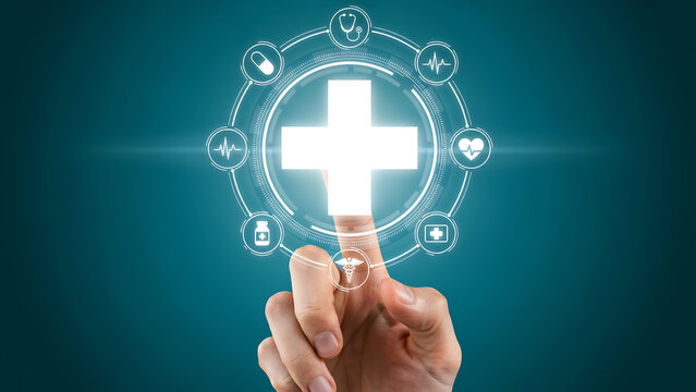 Hand touching digital healthcare interface with medical icons on glowing blue tech background