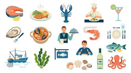 Fototapeta premium Flat Vector Seafood Icons: Fish, Lobster, Shrimp, Octopus, Oysters, Cuisine
