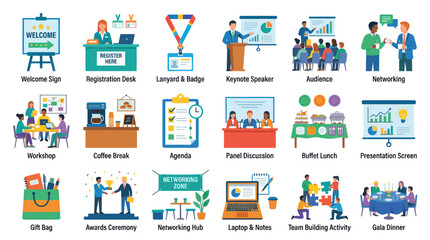 Fototapeta premium Flat Vector Icons Set: Business Conference, Event Planning, Workshop Seminar Activities Collection