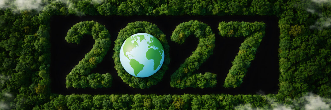 Green grassy 2017 year number with earth globe in middle