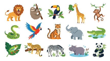 Fototapeta premium Cute Wild Animals Flat Vector Illustration Set for Kids Education - Jungle, Safari Exotic Fauna Collection