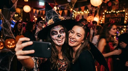 Fototapeta premium Two attractive young women in witch and bat costumes taking selfie with smartphone at Halloween party