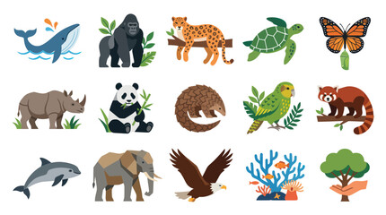 Obraz premium Flat Art Illustration of Diverse Animals and Nature Elements for Wildlife Education