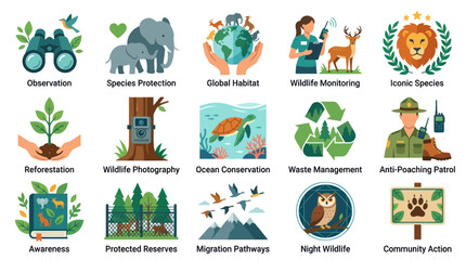 Fototapeta premium Wildlife Conservation Icons Set: Flat Design for Environmental Protection