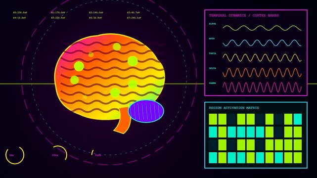 Three digital brain models with bio interface panels displaying colorful oscillating wave patterns and grid charts for medical research and neurology study on a dark screen