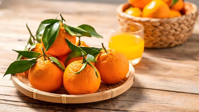 Fresh mandarins with leaves and orange juice on a rustic table