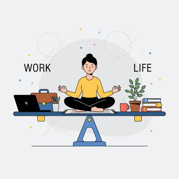 Woman meditating on seesaw balancing work laptop and personal life concept flat vector illustration isolated on white background