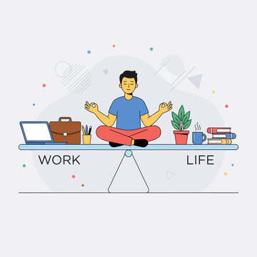 Woman meditating on seesaw balancing work laptop and personal life concept flat vector illustration isolated on white background