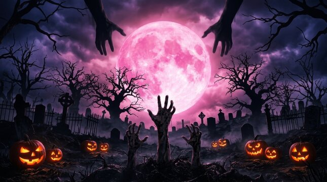 Spooky zombie hand reaching out from a grave in a graveyard under a full pink moon, with glowing jack-o'-lantern pumpkins and dark trees on Halloween night.