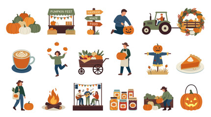 Fototapeta premium Autumn Harvest Festival Flat Icons: Pumpkins, Pie, Music, Tractor, Scarecrow