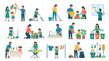 Fototapeta premium Diverse Family Household Chores Vector Set - Flat Illustration Style