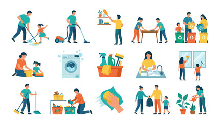 Fototapeta premium Flat Style Family Cleaning Home Activities Icons Set