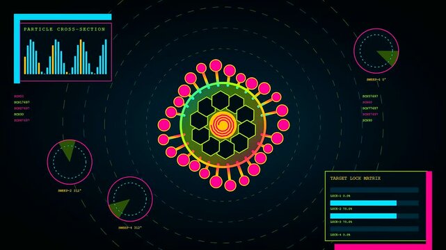 A circular bio interface visualization showcases pulsating geometric patterns and glowing neon nodes set against a dark digital grid for scientific data tracking and system analysis