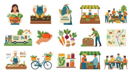 Fototapeta premium Sustainable Local Food Production, Community Farming, and Healthy Eating Flat Vector Illustrations Set