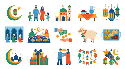 Fototapeta premium Flat Vector Islamic Holidays Eid Celebration Icons Set: Mosque, Family, Food, Zakat, Gifts Sheep