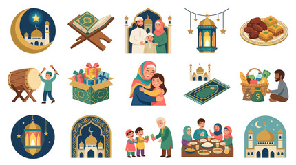 Fototapeta premium Islamic Culture Holidays Flat Vector Illustration Set: Ramadan, Eid Mubarak, Mosques, Family Traditions