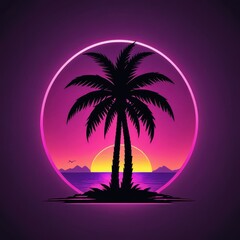 Fototapeta premium Vibrant neon sunset scene with palm tree silhouette over ocean and mountains