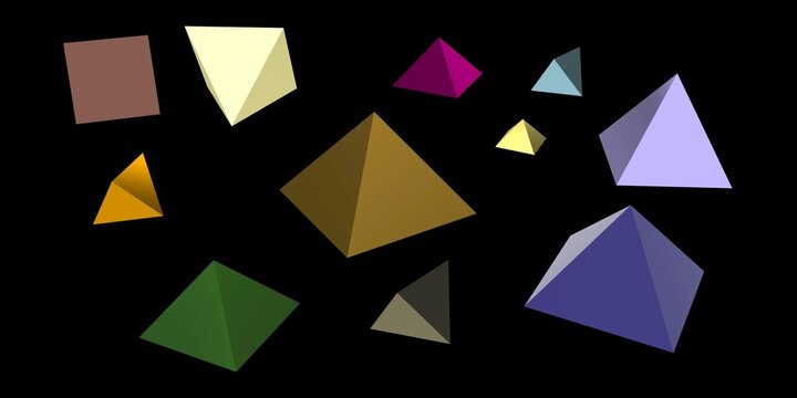 3D render of pyramids in yellow, pink, blue, and green tones against a black background, symbolizing geometry and modern art