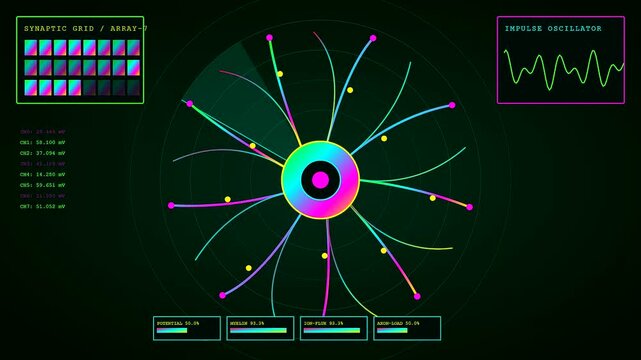A digital bio interface visualization showing pulsing light arrays and neural network data patterns displayed on a dark console screen in a futuristic monitoring lab setup
