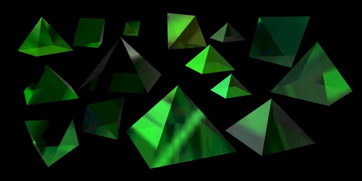 3D render of green pyramids, symbolizing growth and balance in geometric art
