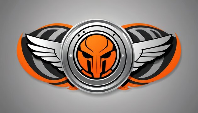 Futuristic robotic emblem with metallic shield and stylized wings design