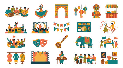 Fototapeta premium Indian Culture Flat Vector Illustrations: Festivals, Traditions, Music, Dance, Food, People Lifestyle Elements