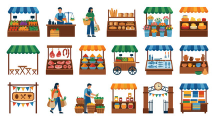 Fototapeta premium Flat Design Market Stalls and Vendors - Food, Produce, Meat, Fish, Flowers, Crafts