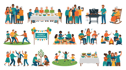 Fototapeta premium Diverse Family Reunion Celebration Activities Flat Vector Illustrations: Picnic, BBQ, Games Music