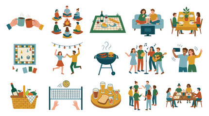 Naklejka premium Flat Illustration Set: Diverse People Enjoying Leisure Activities like Picnics, Games, and Music