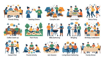 Fototapeta premium Flat Vector Illustrations: Friends Family Enjoying Social Gatherings, Leisure Activities Celebrations