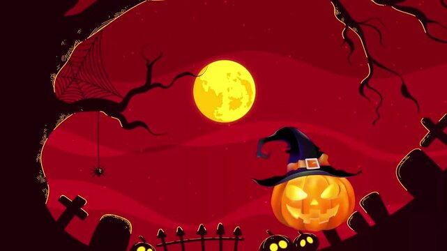 Glowing pumpkin wearing a witch hat swinging across a spooky graveyard under a full moon.