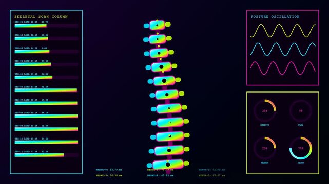A vibrant bio interface display illustrates spinal column structural integrity via glowing neon waveforms and circular progress charts within a dark digital tracking motion graphics environment