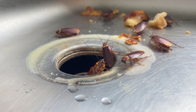 Several realistic cockroaches emerging from the dark drain opening, food residue and water stains around the stainless steel sink.