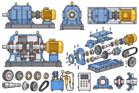 Detailed mechanical engineering diagram of industrial gear reducer motor drive system with isometric exploded view and machine spare parts set.