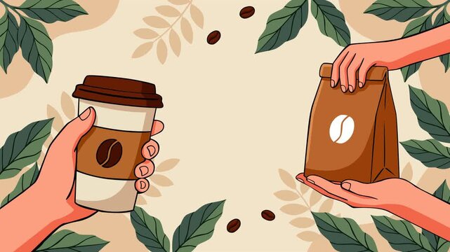 Stylish flat vector illustration celebrating International Coffee Day, featuring hands holding a takeaway coffee cup and a package of roasted coffee beans surrounded by coffee leaves