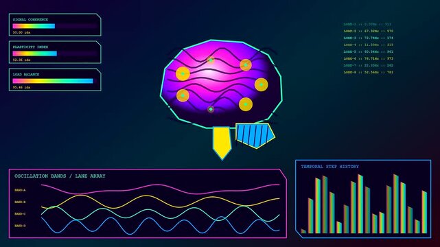 A digital bio interface visualization showing neural activity patterns and brain waveform data graphs on a dark gradient display during a scientific medical monitoring process