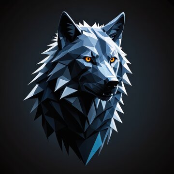 Geometric low-poly wolf head with glowing eyes in dark background