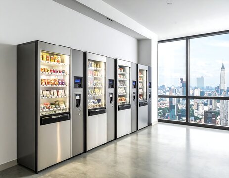 A row of modern vending machines filled with snacks and drinks in a high-rise office building with a city view. Ideal for corporate breakroom and workplace amenity concepts.