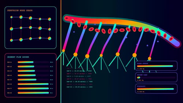 a digital bio interface visualization shows complex medical artery flow patterns with animated blood cells and real time quantitative metrics across a dark holographic display screen