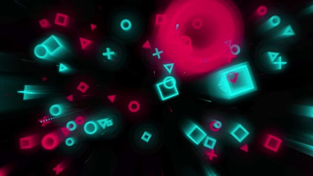 Abstract neon geometric shapes flying in cyberspace background