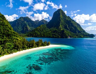 Fototapeta premium Stunning tropical bay featuring pristine turquoise water, white sand beach, and lush green mountains under a blue sky. Ideal for luxury travel campaigns and exotic vacation promotions.