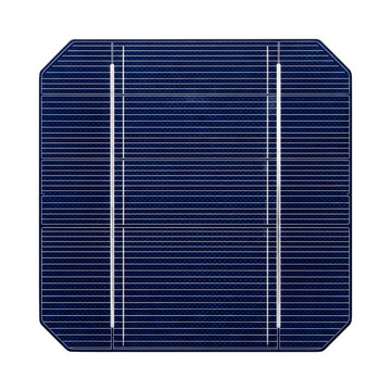 Monocrystalline bifacial photovoltaic silicon solar cell wafer with fine silver contact grid finger lines for clean renewable energy generation isolated on modern seamless pure solid white background