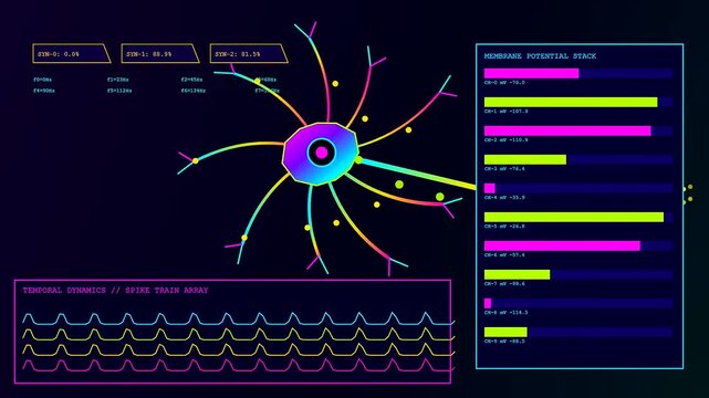 A digital bio interface visualization monitors neural activity and cellular potential metrics through a dynamic graphical display of shifting wave patterns and fluctuating data bar charts