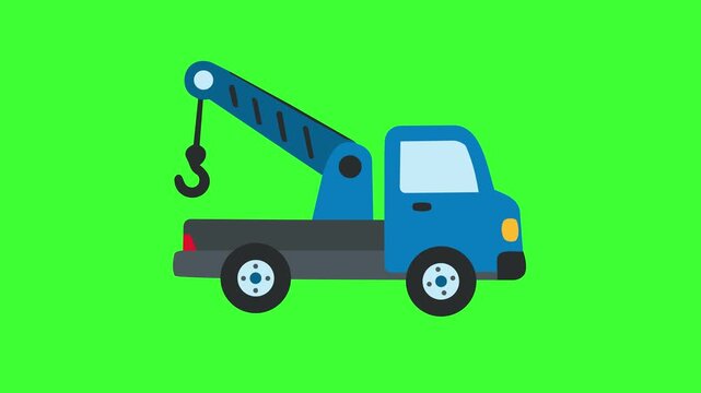 Minimalist 2D Flat Vector Animation of a Blue Tow Truck on Green Screen Background