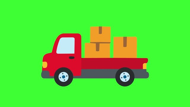 2D Flat Vector Animation of a Red Pickup Truck Carrying Boxes on Green Screen