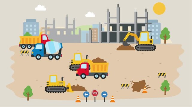 2D Flat Vector Animation of a Busy Construction Site with Bulldozer, Excavator and Truck